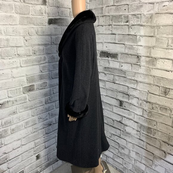 Vintage JNY Wool Cashmere Maxi Overcoat Coat 6 Black Faux Fur Trim Collar Cuffs - Picture 4 of 16
